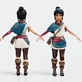 Game Movie Character in Blue White Top White Short Skirt Brown Boots with Bun Hairstyle