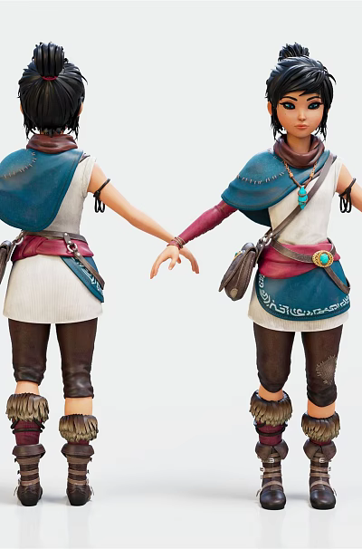 Game Movie Character in Blue White Top White Short Skirt Brown Boots with Bun Hairstyle 3d model