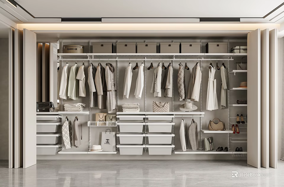 Modern Open Wardrobe Interior Design With Hanging Clothes White Drawers And Storage Solutions 3d model