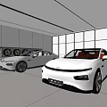 Modern Car Showroom Featuring Two Sleek Cars Spacious Interior Large Windows Displayed Wheels
