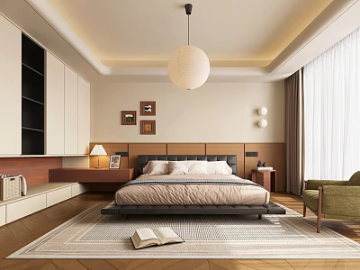 Modern Bedroom Interior Design With Platform Bed Headboard Nightstand Lamp And Carpet 3d model