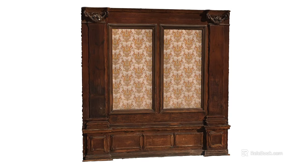 Ornate Wooden Wall Panel With Carved Decorations And Patterned Fabric Inserts 3d model