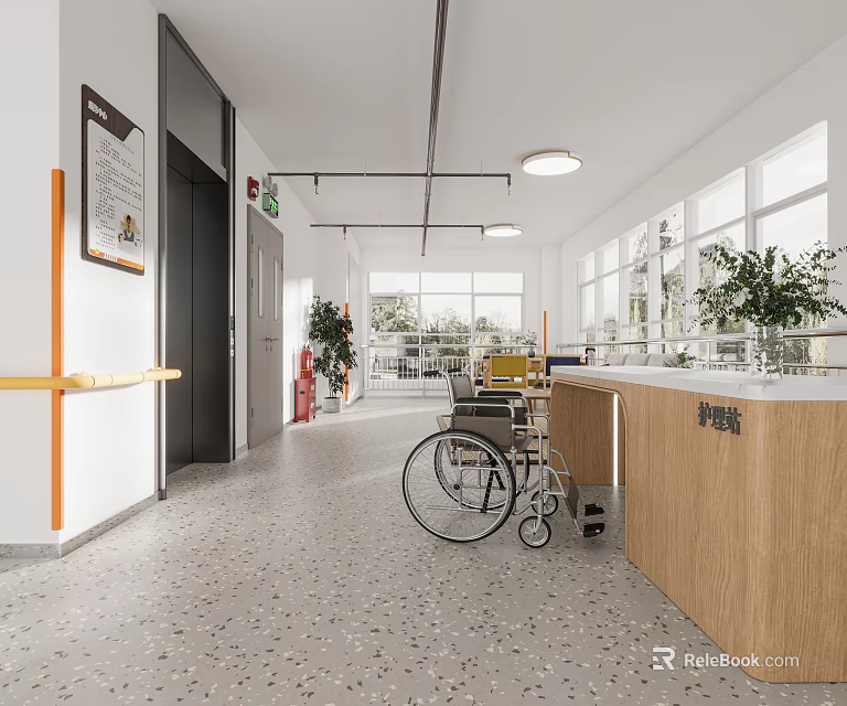 Medical Facility Corridor With Wheelchair Handrails And Plants 3d model 