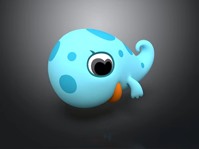 Cute Blue Spotted Cartoon Creature with Large Eyes Orange Mouth and Curled Tail 3d model