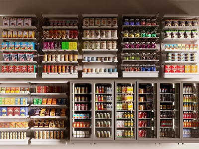 Retail Display Shelves Filled With Various Packaged Food And Beverage Products 3d model
