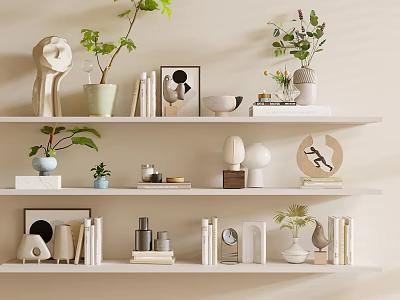 Modern Decorative Ornament Collection With Green Plants Books Photo Frames Vases And Bowls 3d model