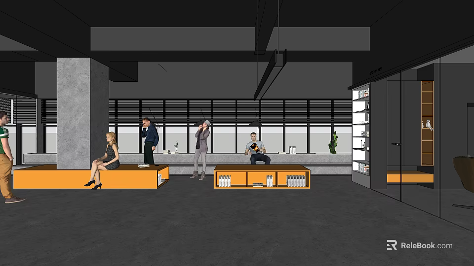 Modern Casual Lounge Area With Seating Lockers Large Windows And People Relaxing 3d model 