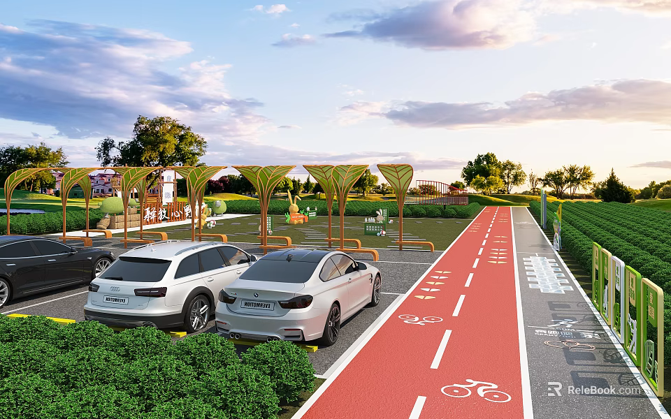 Scenic Park Landscape With Blue Sky White Clouds Red Bicycle Lane White Cars And Greenery 3d model 