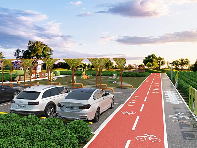 Scenic Park Landscape With Blue Sky White Clouds Red Bicycle Lane White Cars And Greenery 3d model