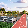Scenic Park Landscape With Blue Sky White Clouds Red Bicycle Lane White Cars And Greenery