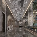 Elegant Modern Hotel Lobby With Round Chandelier Marble Walls Water Feature Glass Wall And Greenery