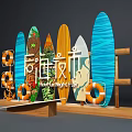 Colorful Surfboards And Decorative Lifebuoys On Wooden Beach Market Display Stand
