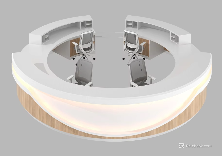 Modern Circular Office Reception Desk With Curved Counter Chairs And Wooden Trim 3d model 