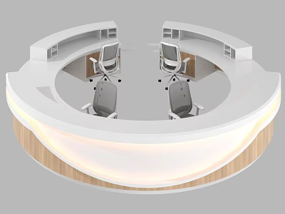 Modern Circular Office Reception Desk With Curved Counter Chairs And Wooden Trim 3d model