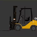 Yellow Industrial Forklift With Black Cab And Metal Forks On Gray Surface