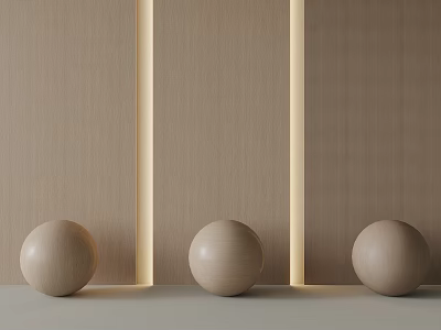 Light Brown Wall Paneling with Vertical Lines and Illuminated Strips Fronted by Three Wooden Spheres 3d model