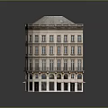 Cartoon Scene of Multi Story Curved Corner Building With Storefront Awnings and Tiled Roof