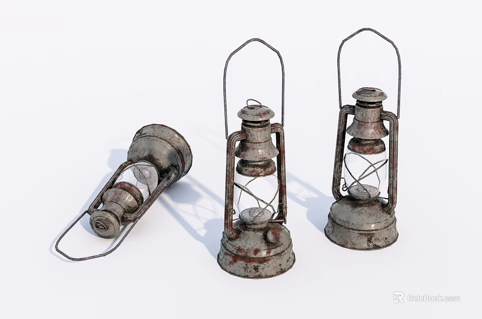Vintage Rustic Candle Lanterns With Metal Frame And Glass Shade Set Of Three 3d model 