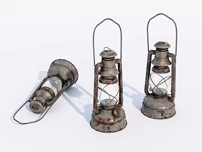 Vintage Rustic Candle Lanterns With Metal Frame And Glass Shade Set Of Three 3d model