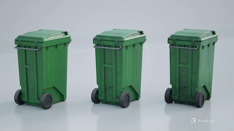 Three Green Trash Bins As Public Facility With Wheels And Lids 3d model 