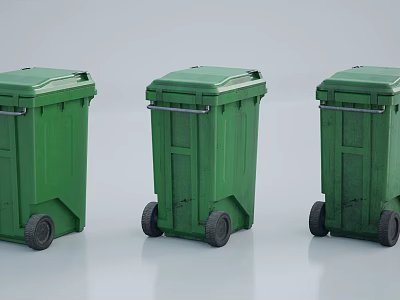 Three Green Trash Bins As Public Facility With Wheels And Lids 3d model