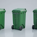 Three Green Trash Bins As Public Facility With Wheels And Lids 3d model
