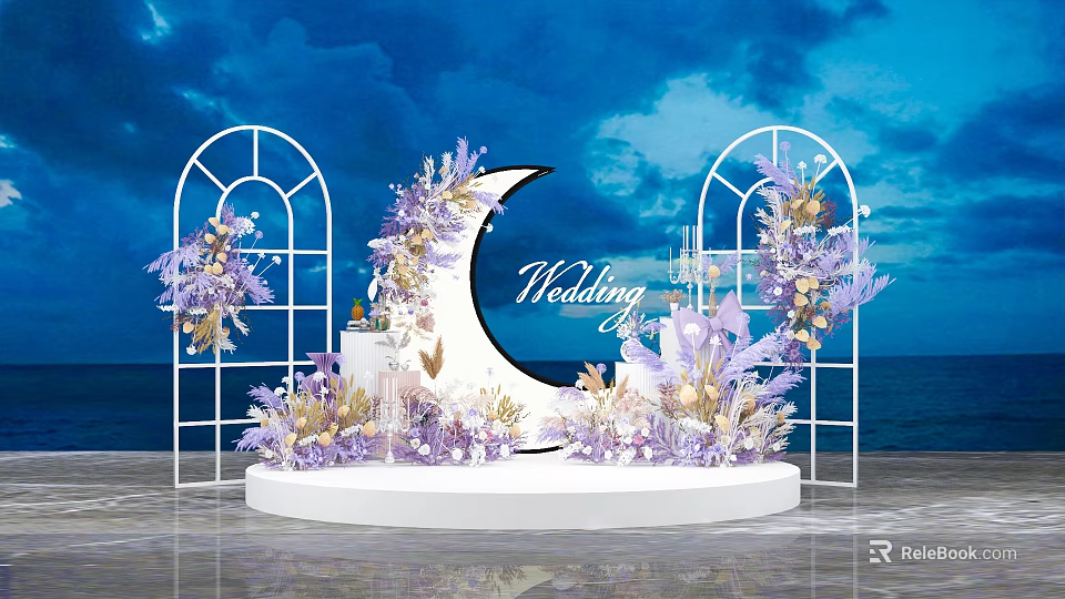 Wedding Stage With Moon Shaped Decoration Purple Gold Flowers Arched Gates And Ocean Background 3d model 
