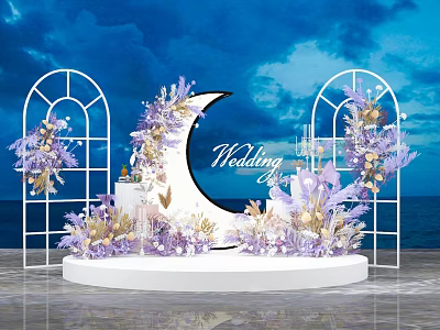 Wedding Stage With Moon Shaped Decoration Purple Gold Flowers Arched Gates And Ocean Background 3d model