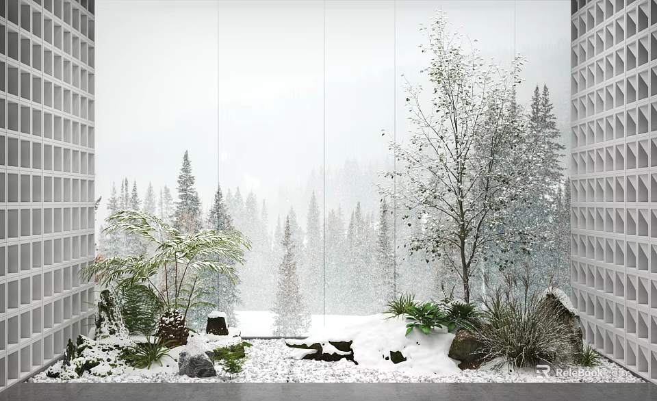 Indoor Miniature Garden Features With Snowy Ground Plants Stones And Forest View 3d model 