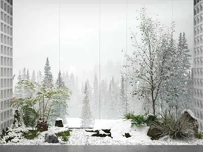 Indoor Miniature Garden Features With Snowy Ground Plants Stones And Forest View 3d model