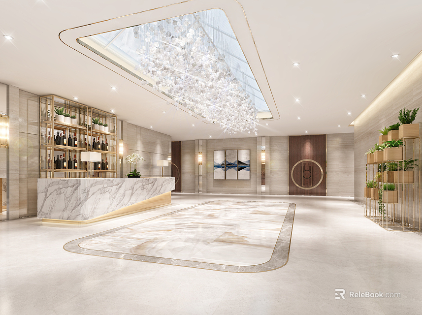 Elegant Modern Reception Area With Marble Front Desk Crystal Chandelier Skylight And Green Plants 3d model 