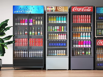Glass Door Beverage Refrigerators With Coca Cola Smirnoff Ice And Assorted Drinks 3d model
