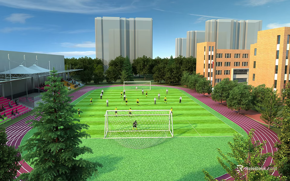 Sports Fitness On Green Football Field With Track High rise Buildings And Trees 3d model 