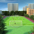 Sports Fitness On Green Football Field With Track High rise Buildings And Trees