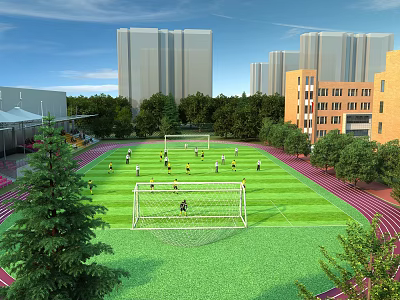 Sports Fitness On Green Football Field With Track High rise Buildings And Trees 3d model