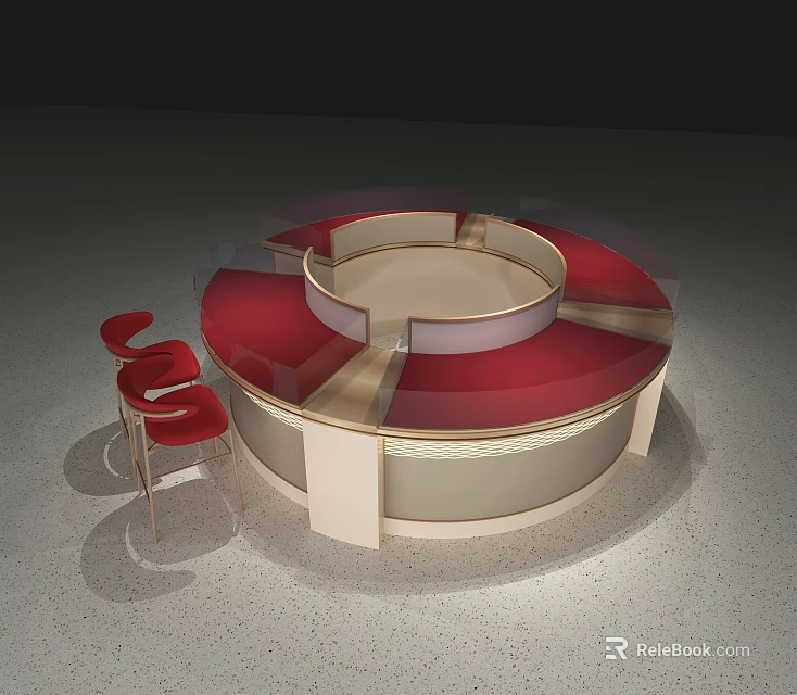 Circular Display Shelf With Red Countertop White Frame And Red Chairs 3d model