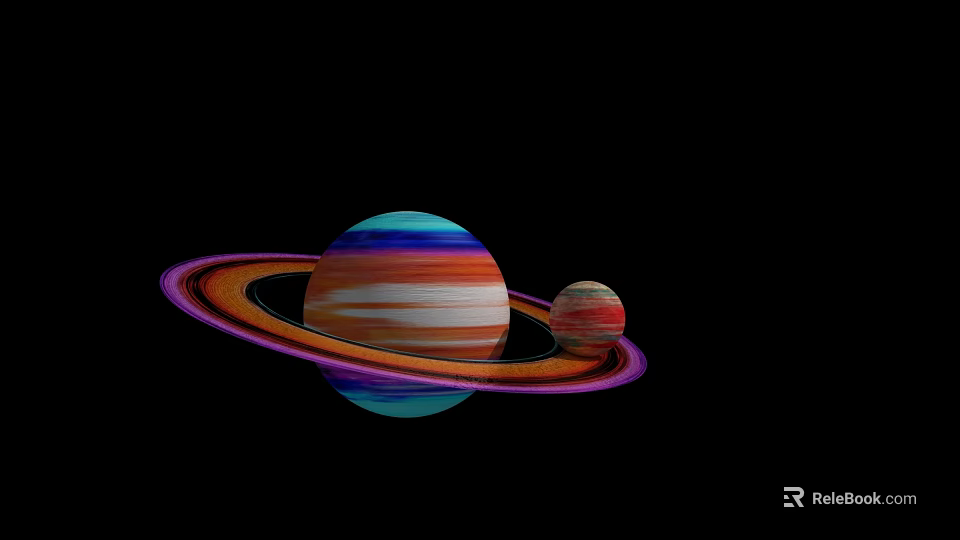 Colorful Ringed Planet With Small Celestial Body In Dark Space Background 3d model 