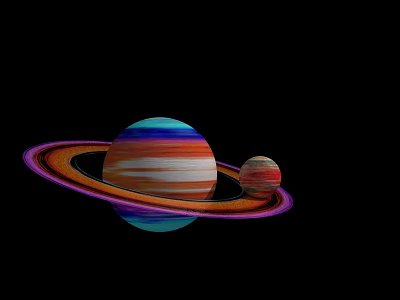 Colorful Ringed Planet With Small Celestial Body In Dark Space Background 3d model