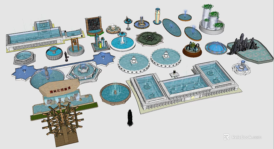 Various Types Of Fountains With Circular Pools And Decorative Water Features 3d model 