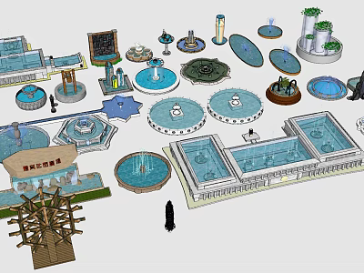 Various Types Of Fountains With Circular Pools And Decorative Water Features 3d model