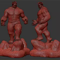 Two Green Hulk Statues With Muscular Bodies Tattered Shorts And Rock Bases