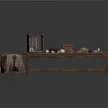 Rustic Long Wooden Table Setup With Basket Cloth Bread Vintage Cabinet And Stool 3d model