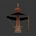 Traditional Chinese Scene Components With Blue Canopy Red Umbrella And Wooden Decorative Structure