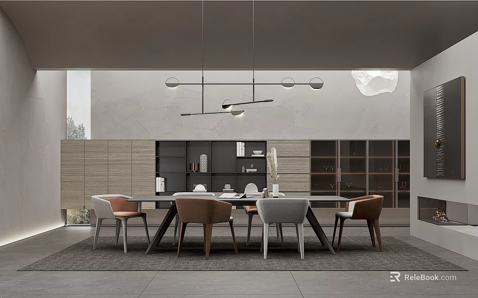 Modern Restaurant Interior With Open Layout Dining Table And Pendant Lights 3d model