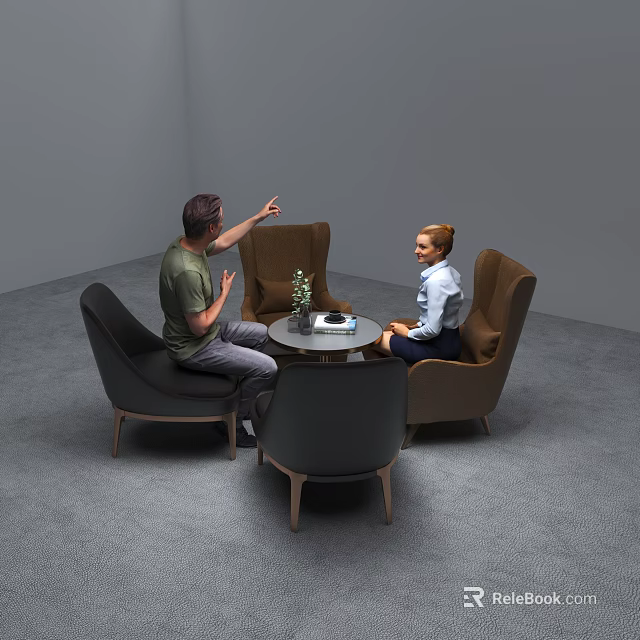 Casual Sofa Set with People Interacting Round Side Table Plant and Book 3d model 