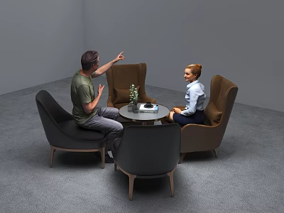 Casual Sofa Set with People Interacting Round Side Table Plant and Book 3d model