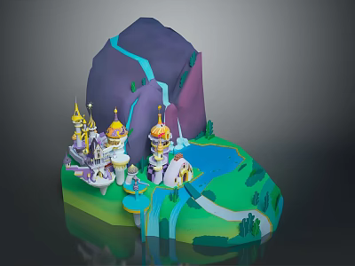 Whimsical Cartoon Fantasy Scenery With Mountain Waterfall Castle Lake Path And Trees 3d model