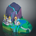 Whimsical Cartoon Fantasy Scenery With Mountain Waterfall Castle Lake Path And Trees