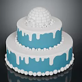 Two Tiered Blue And White Cake With Dripping Frosting Dome Top And Ball Decorations