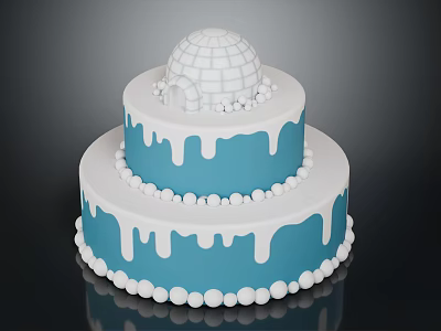 Two Tiered Blue And White Cake With Dripping Frosting Dome Top And Ball Decorations 3d model